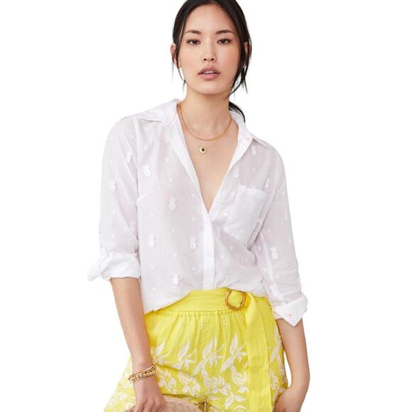 Anthropologie Maeve White Embroidered Pineapple Button Down Blouse 6 - Picture 1 of 12